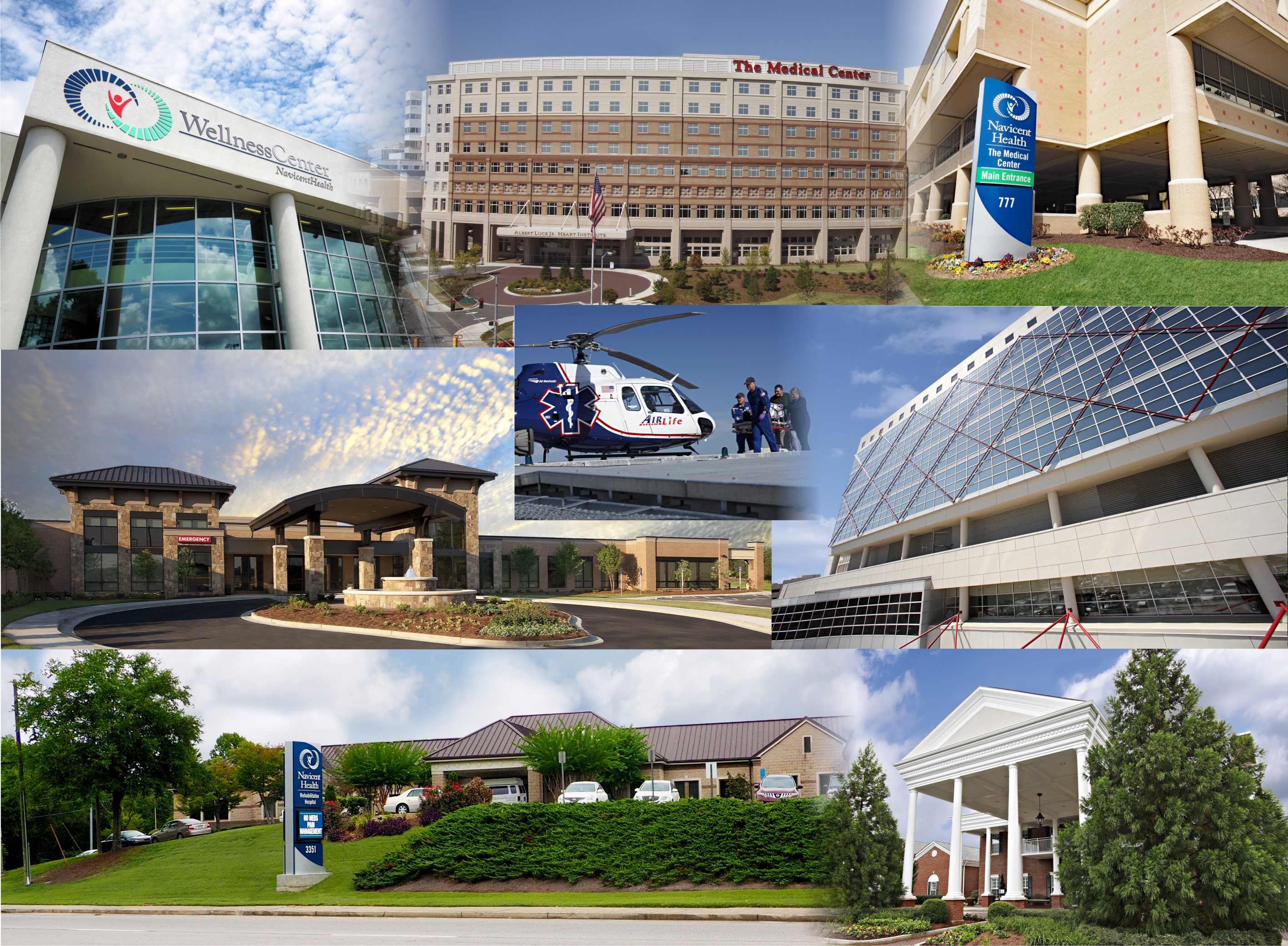 Collage of photos of Atrium Health Navicent buildings and locations